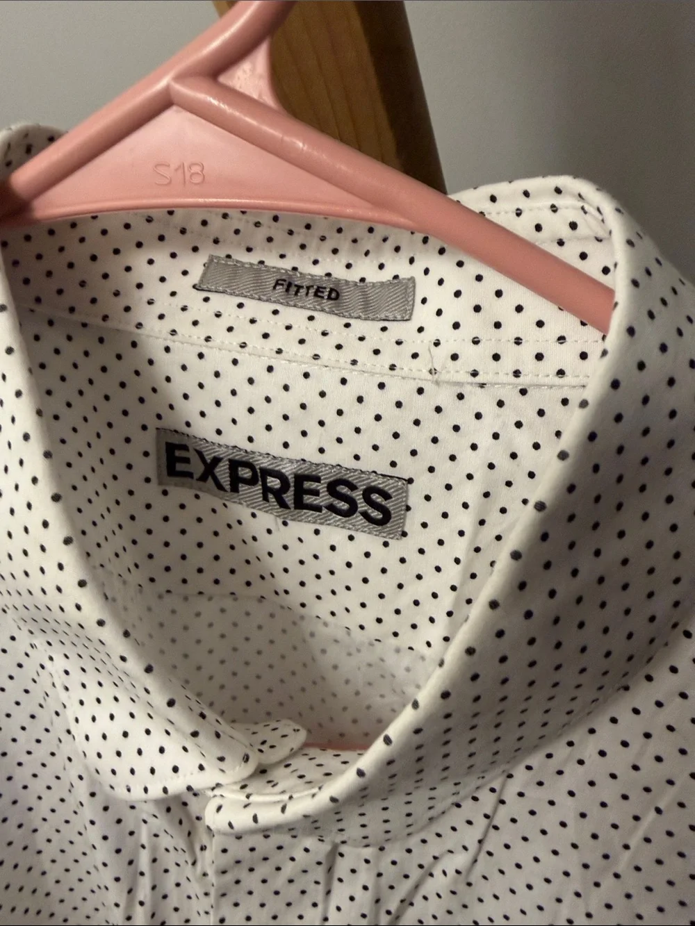 Express Men’s White Short-Sleeve Button-Down Shirt with Black Micro Dots